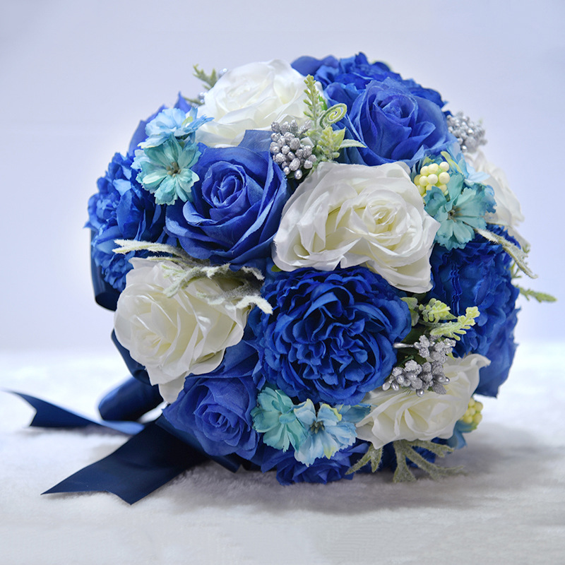 10 inches Royal Blue Rose Bouquet with Satin Ribbon