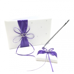 Double Heart Rhinestone Wedding Guest Book and Pen Set Ribbon Bowknot Décor Purple
