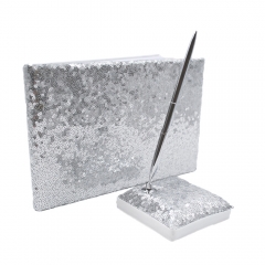 Silver Sequin Glitter Wedding Guest Book and Pen Set