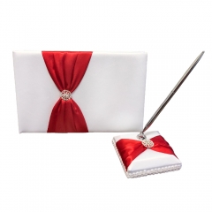 Double Heart Rhinestone Wedding Guest Book and Pen Set Red