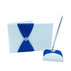 Double Heart Rhinestone Wedding Guest Book and Pen Set Royal Blue