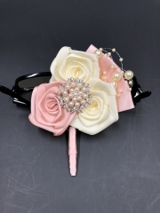 Rhinestone Pearls Boutonniere Blush Pink Rose for Wedding Prom