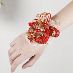 Red Rose Wrist Corsage with Gold Jewelry Flower Prom Wedding