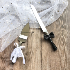 Wedding Anniversary Cake Knife and Server Set - Rhinestone Bow Tie Decor