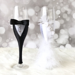 Wedding Champagne Toasting Flute - Feather Dress Black Suit Decorated
