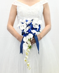 Cascading Bride Bouquet - Lily Rhinestone Jewelry Brooches and Satin Ribbon Décor (Royal Blue)
