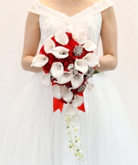 Cascading Bride Bouquet - Lily Rhinestone Jewelry Brooches and Satin Ribbon Décor (Red)