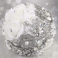 Sparkle Rhinestone Pearls Jewelry Decorated Rose Flowers for Bride (White Rose)