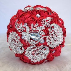 Sparkle Rhinestone Jewelry Bouquet - Satin Rose with Peacock Butterfly Brooches Bride Bridesmaids Wedding Flower (Red, 8 Inch)