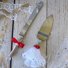Wedding Anniversary Cake Knife and Server Set - Rose and Bow Tie Decor