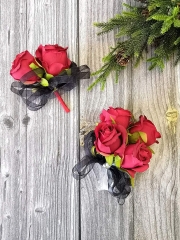 Rose Corsage Boutonniere Set Real Touch Flowers for Party Ball Dancing Wedding with Lace Bow Décor (Red)