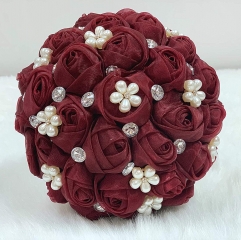 Sparkle Rhinestone Pearl Jewelry Bouquet - Bride Wedding Quinceanera Rose Flower (Burgundy, 7 Inch)
