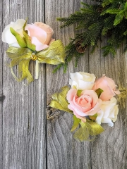 Rose Corsage Boutonniere Set Real Touch Flowers for Party Ball Dancing Wedding with Lace Bow Décor (Pink+Champagne)