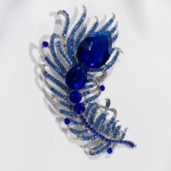Blue Zircon Rhinestone Pave Peacock Feather Shape Fashion Brooch on Wedding Bouquet