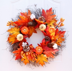 22" Harvest Fall Wreath - Pumpkin Maple Wreaths, Pinecone Cotton Berries