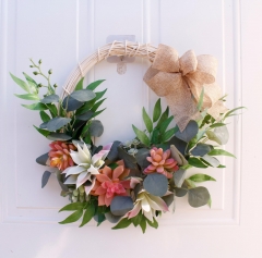 16 Inch Artificial Succulent Front Door Wreath with Knotted Bow, Eucalyptus Leaves Wreath Succulent Plants Garlands Wreath Hanging Wall Window Decor