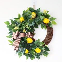 16 Inch Lemon Wreath Spring Farmhouse Fruit Wreath with Artificial Yellow Lemons Green Leaves and Bow Knot, Summer Wreath for Front Door and Home
