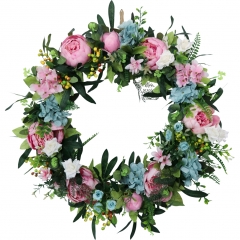 24 Inch Artificial Peony Flower Wreath - Pink Flower Door Wreath with Green Leaves Spring Wreath for Front Door, Wedding, Wall, Home Decor