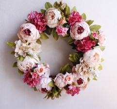 16 Inch Artificial Peony Flower Wreath Floral Front Door Wreath Spring Garland for Front Door Wall Wedding Party Office Home Decor (Pink)