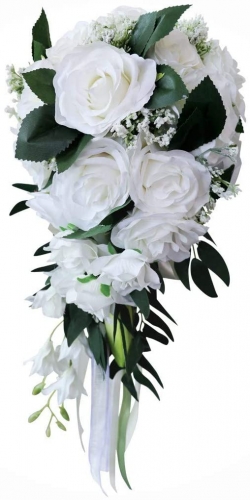 Rose Cascading Bridal Bouquet White Rose Wedding Holding Bouquet with Ribbon and Green Leaves, Bridal Bouquet for Wedding Party Ceremony Anniversary