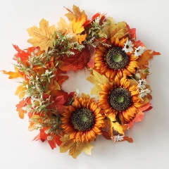 20 Inch Fall Wreath Sunflowers Wreath Artificial Front Door Wreath with Maple Leaves and Fern Plants, Autumn Harvest Fall Wreath for Window Holiday Fe