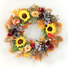 20 Inch Fall Wreath Sunflower Autumn Wreath with Mixed Flower and Maple Leaves for Front Door Window Garland Holiday Festival Fall Home Wall Decoratio