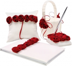 Satin Rose Decor Wedding Guest Book + Pen + Pen Stand + Flower Basket + Ring Pillow Set Romantic Beach Wedding Party Favor (Full Set)