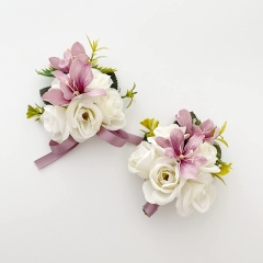 Wedding Wrist Corsage Brooch Boutonniere Set Party Prom Hand Flower Decor (Dusty Pink)