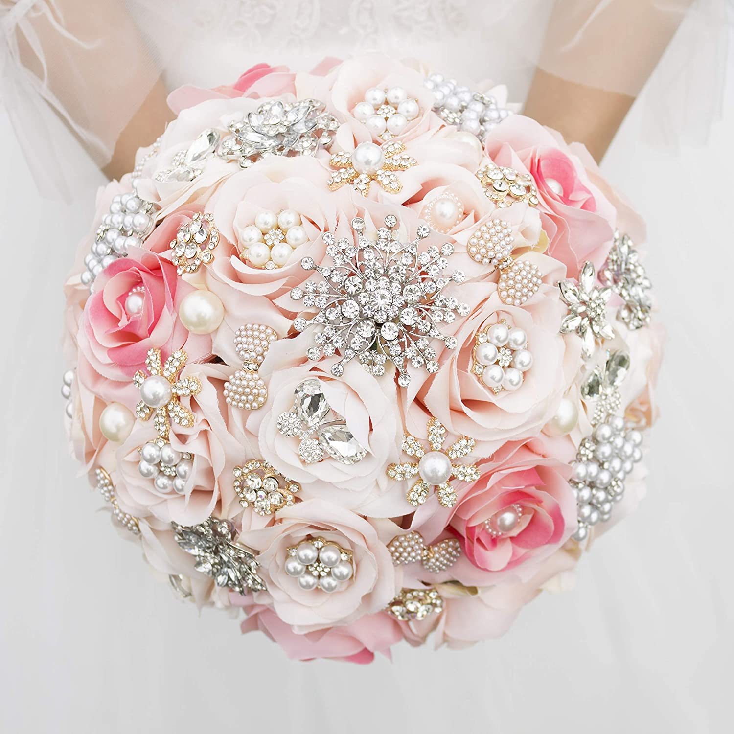 Abbie Home Brooch Jewelry Bouquet - Luxury Bridal Bouquets with Crystal Rhinestone Sparkle Pearls Rose Flowers for Wedding Quinceanera (Pink)