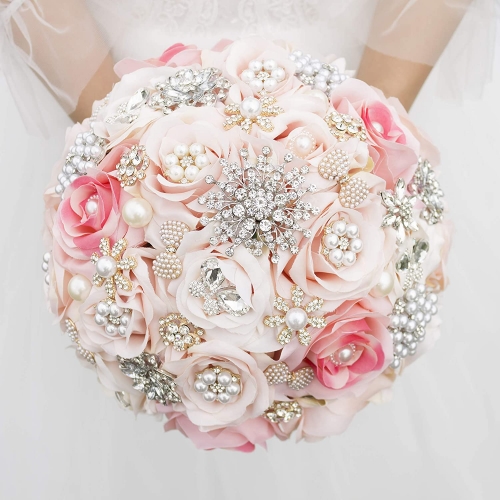 Brooch Jewelry Bouquet - Luxury Bridal Bouquets with Crystal Rhinestone Sparkle Pearls Rose Flowers for Wedding Quinceanera (Pink)